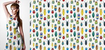 24011v Materiał ze wzorem kolorowe owady (chrząszcze) w kontrastowych kolorach w stylu akwareli